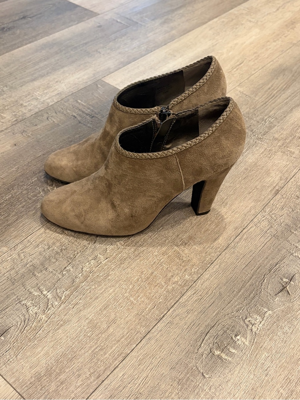 Tahari Taupe Suede Ankle Booties with Braided Trim